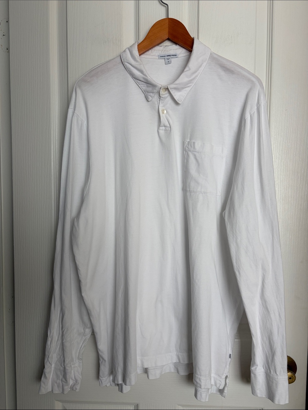 James Perse White Long-Sleeve Polo with Chest Pocket